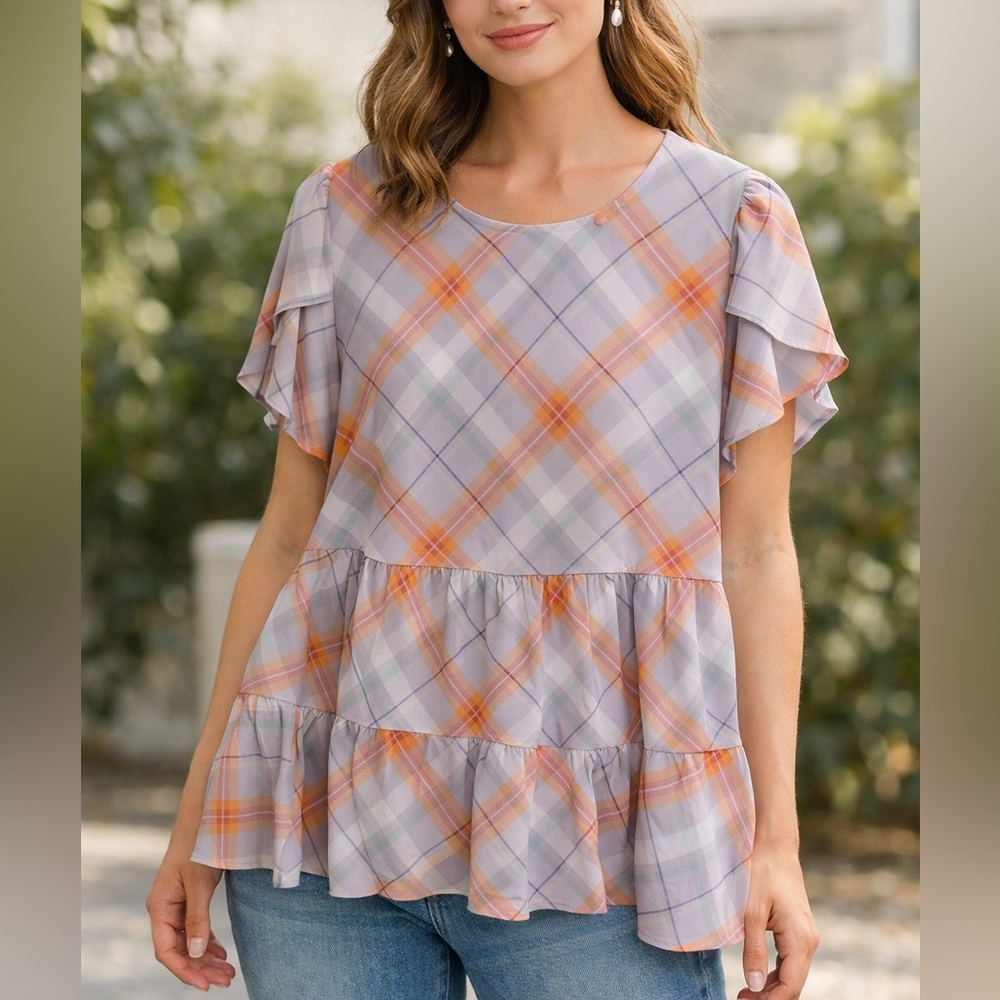 Penningtons Plaid Tiered Tunic in Orange & Purple size 1X brand‎ new